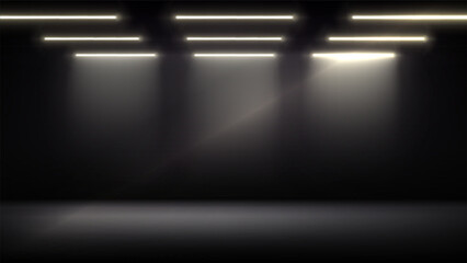 Studio interior, stage with neon, led lighting. Dark background, backdrop for mounting, product placement. Modern black interior with light. Design element. Vector background, template, mockup