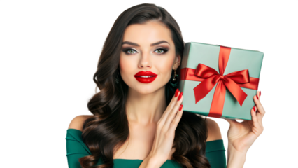 Beautiful woman in green dress holding blue gift box with red bow and looking at the camera on white background.