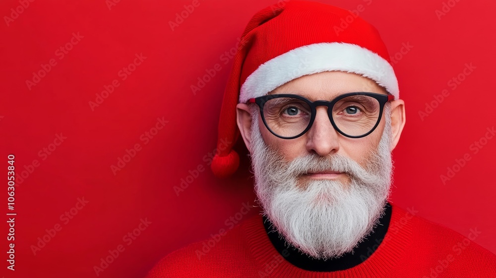 Poster man with a red hat and glasses is smiling at the camera. the image has a festive and cheerful mood, 