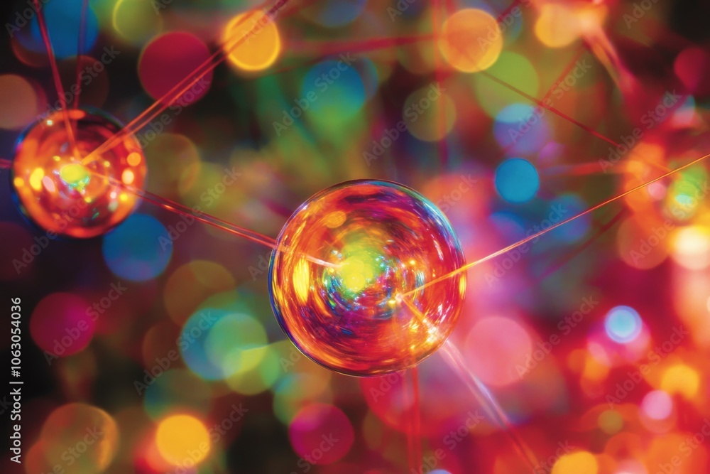 Poster an exciting abstract representation of colorful interconnected spheres, highlighting vibrant energy,