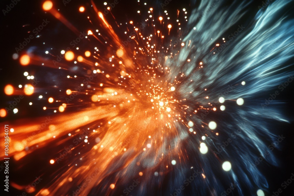 Poster a dynamic display of bright red and blue hues bursting like fireworks, evoking a sense of energy, mo