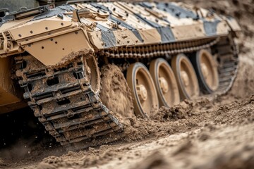 This image captures a tank in motion during a field test, navigating through thick, muddy trails, showcasing the military vehicle's power and maneuverability.