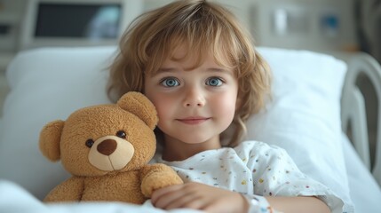 A child with a teddy bear smiles confidently, lying in a hospital bed.