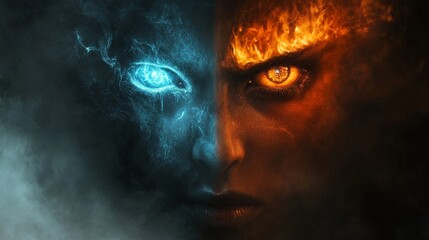 A close-up of a face split between fire and ice, with an intense, fiery gaze.