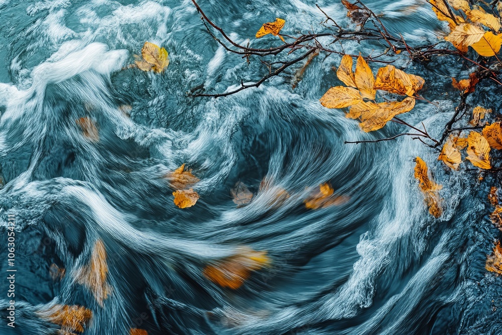 Poster A dynamic image capturing vibrant autumn leaves swirling in the swift currents of a forest stream, emphasizing the movement and vibrancy of the season in nature.