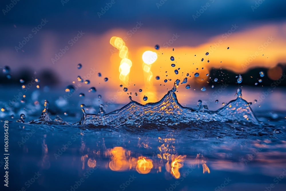 Poster Close-up of water droplets splashing into the air against a vibrant sunset backdrop, casting warm reflections and creating a dynamic, abstract visual effect.