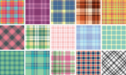 Plaid pattern collection with traditional Scottish checks, ideal for textiles, clothes, and classic shirt fabrics in rustic tones.