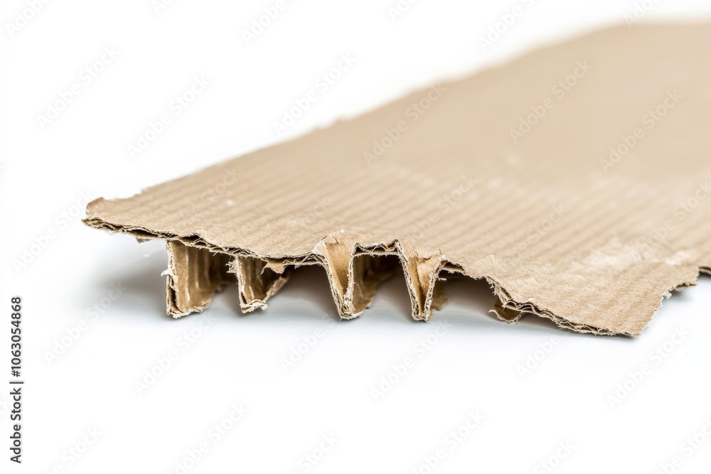 Poster this image showcases a piece of corrugated cardboard with frayed and torn edges, placed against a wh