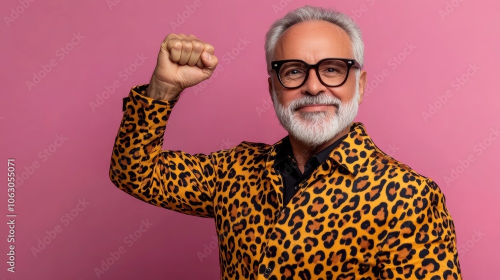 Poster man in a leopard print jacket is making a fist and smiling. the image has a playful and fun mood, as