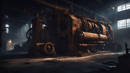 Dimly lit, abandoned factory with rusted machinery and peeling walls, creating a dark, mysterious atmosphere.