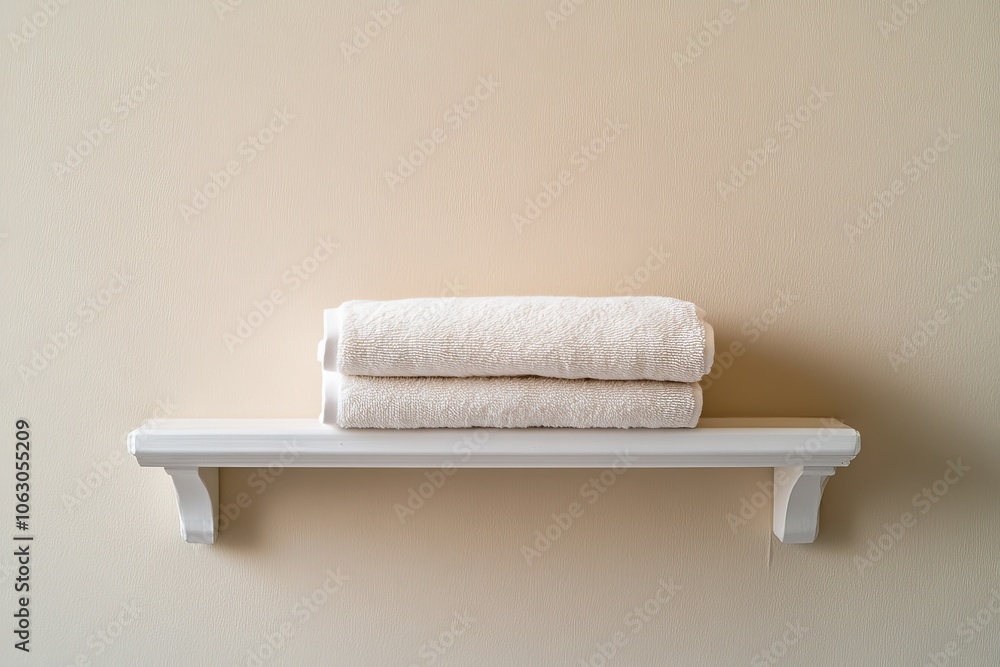 Poster a pair of white towels are neatly folded and placed on a simple wooden shelf, against a light-colore