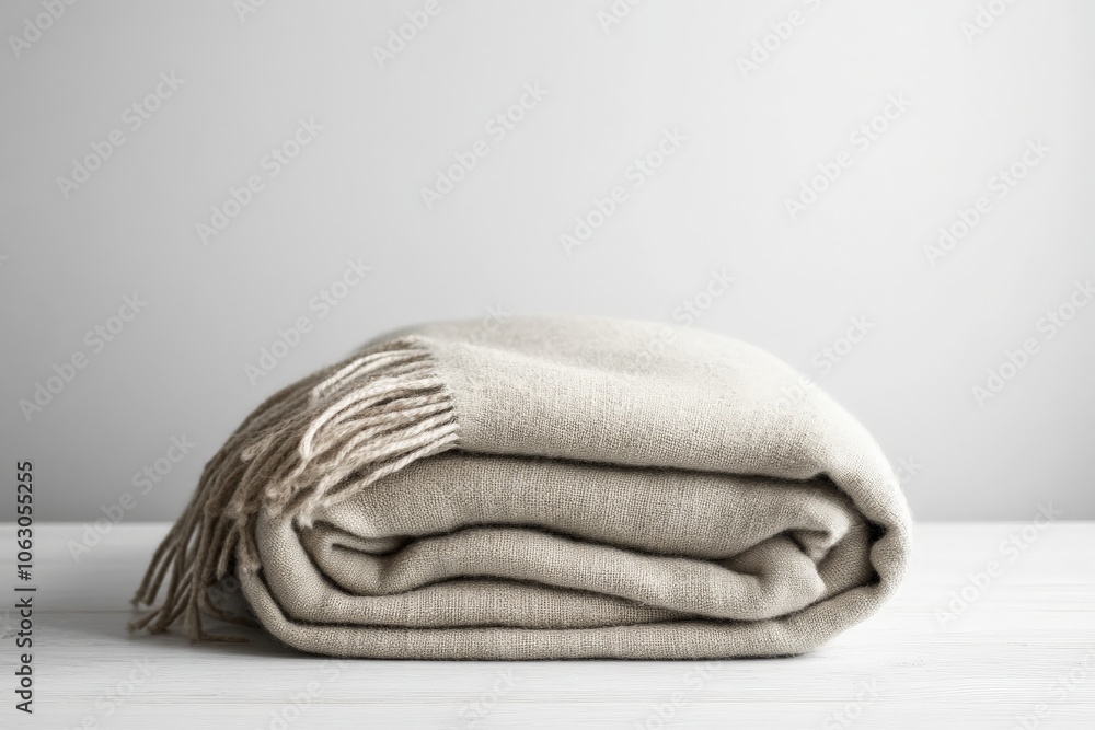 Aufkleber a neatly folded beige blanket embellished with fringes, resting on a pristine white wooden table, sh