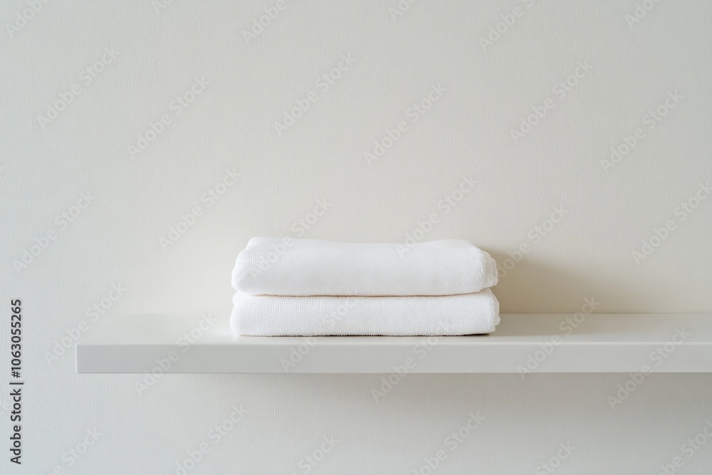 Poster Two white towels are perfectly stacked on a minimalist wall shelf in a serene space, emphasizing a sense of calm and orderliness through simple design.
