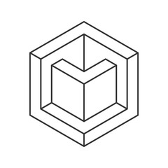 Cube logo, geometric vector design. Monochrome box logotype company, trendy techno emblem in isometric line style.
