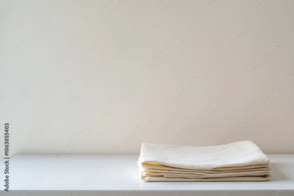 Poster a stack of neatly folded beige towels placed on a clean white surface, exuding a sense of serenity a