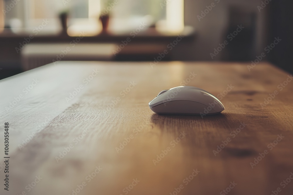 Aufkleber a distant perspective showcases a white computer mouse calmly positioned on a wooden desk, symbolizi