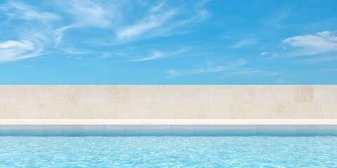 Infinity pool with clear water against a bright blue sky and serene atmosphere.