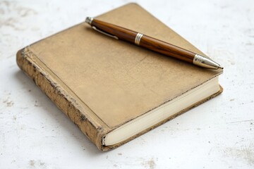 A vintage book with a worn cover lies beneath an elegant wooden pen on a textured surface, evoking a sense of nostalgia and timeless elegance.