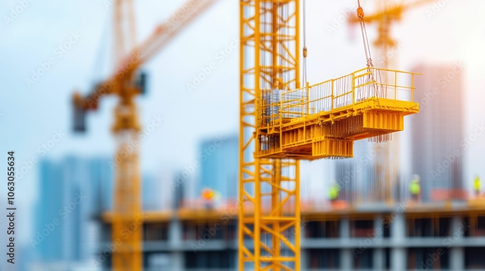 Poster a majestic skyscraper under construction with towering cranes and diligent workers adding the final 