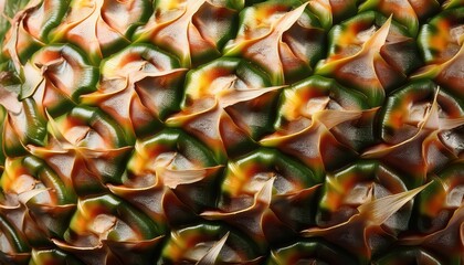 Fototapeta premium Close-Up of Pineapple Skin Texture with Detailed Green, Yellow, and Orange Patterns. Perfect for Backgrounds, Nature Themed Designs, Food Industry Branding, and Organic Packaging Concepts