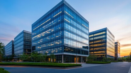 Obraz premium Stunning cluster of sleek high rise office buildings in a dynamic business district showcasing a masterful display of modern minimalist architecture with deep depth of field
