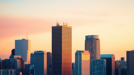 Fototapeta premium Striking corporate high rise tower with a distinctive contemporary architectural design standing out prominently in the deep dramatic city skyline The building features a sleek