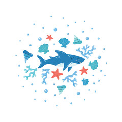 Sea Life round poster. Cute shark on a white background. Set of sea elements. Characters in children's style. vector illustration.