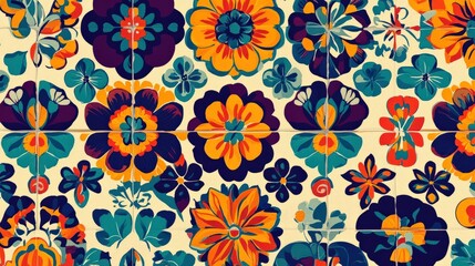 A culturally rich seamless pattern with Mexican Talavera tile designs, incorporating bright colors and floral motifs, perfect for kitchenware, textiles, or colorful decor