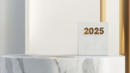 A minimalist display featuring a marble pedestal with the year 2025 highlighted, perfect for a modern home or office decor
