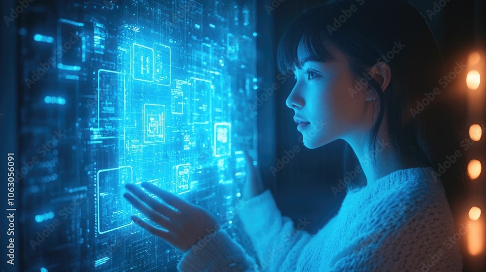 Poster futuristic assistant securely holding private information in the form of glowing data cubes inside a