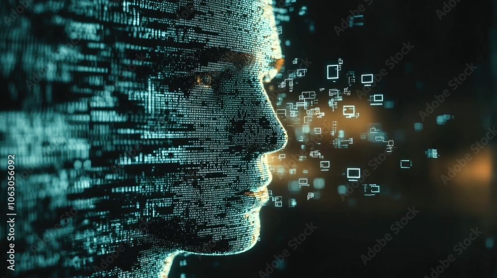 Poster a futuristic human figure made of pixels with pieces of personal data floating around while locks sn