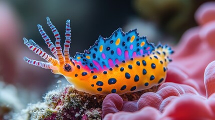 A vibrant sea slug on coral, showcasing marine biodiversity.