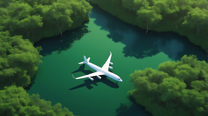 Fototapeta premium Shadow of an airplane flying over a lush green mangrove forest, symbolizing sustainable aviation fuel and biofuel in eco-friendly travel.