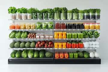 Fresh vegetables and fruits neatly organized on clear shelves.