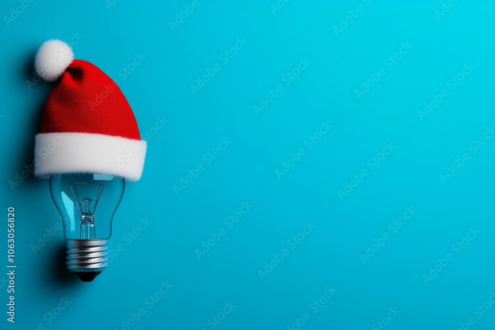 Poster light bulb is lit up and a red hat is placed on top of it. the image has a festive and playful mood,