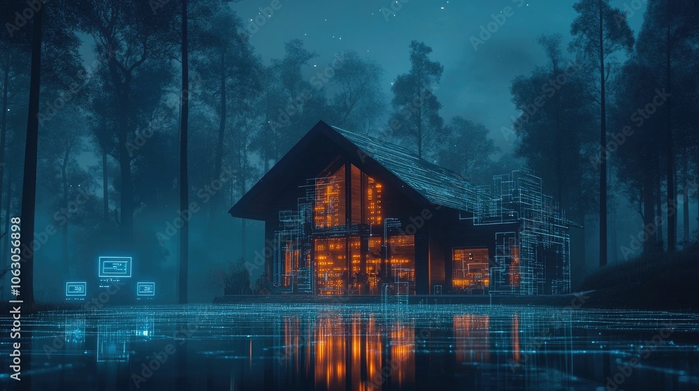 Poster a futuristic smart home surrounded by a digital fence made of security symbols and encrypted data