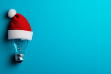 Light bulb is lit up and a red hat is placed on top of it. The image has a festive and playful mood, as the hat and light bulb are both associated with Christmas