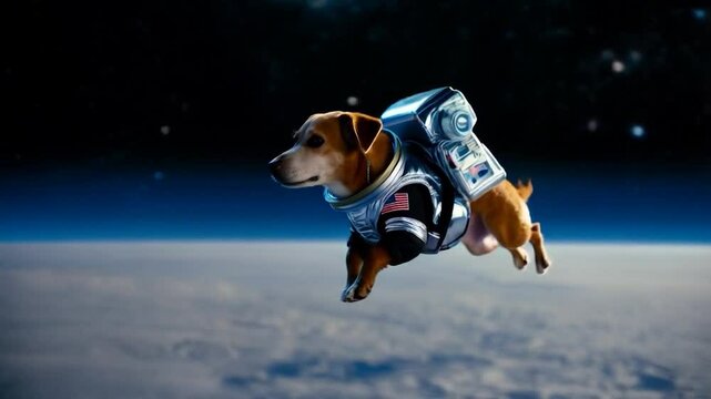 A cute dog wearing a space suit is floating weightlessly in outer space, capturing a whimsical and adventurous moment. This image illustrates imagination, exploration, and the joy of discovery.