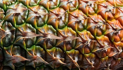 Fototapeta premium Close-Up of Pineapple Skin Texture with Detailed Green, Yellow, and Orange Patterns. Perfect for Backgrounds, Nature Themed Designs, Food Industry Branding, and Organic Packaging Concepts