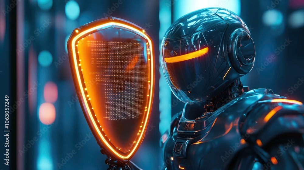Poster privacy conscious robot holding a glowing shield to protect user s personal data from incoming strea
