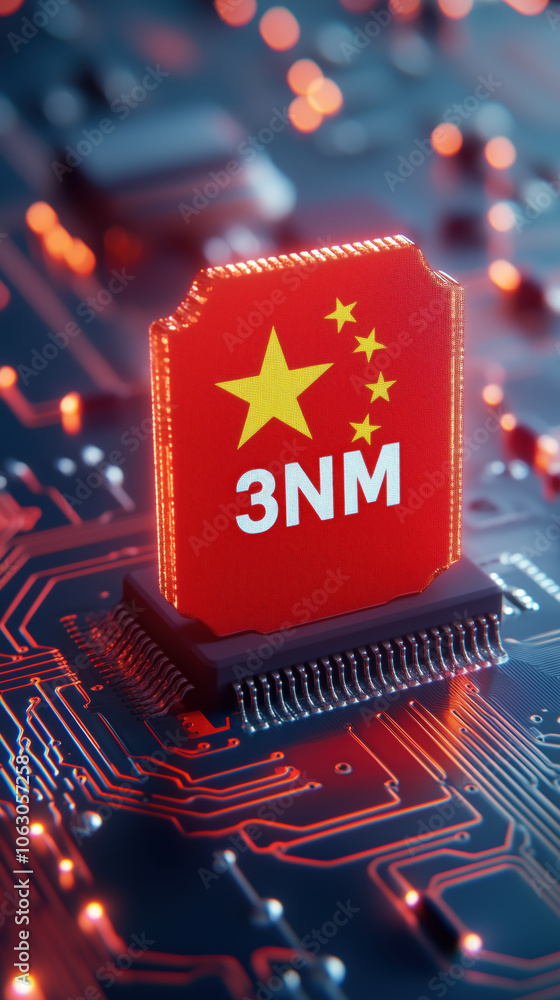 Poster 3nm microchip with china flag on circuit board, showcasing microchip conductor technology