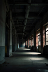 Empty corridors of an old factory, with flickering light and shadows casting an ominous, mysterious mood.
