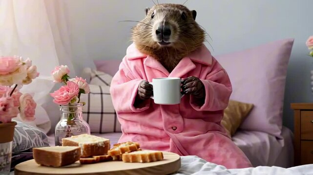 Cute Groundhog Dressed in Pink Bathrobe Enjoying Cup of Tea or Coffee. Charming Morning Ritual and Groundhog Day