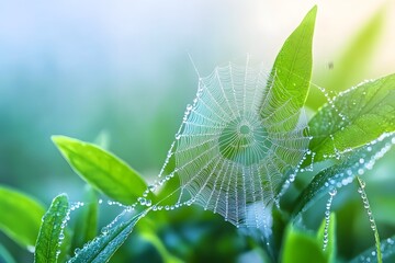 Spider web catches dew in nature's beauty