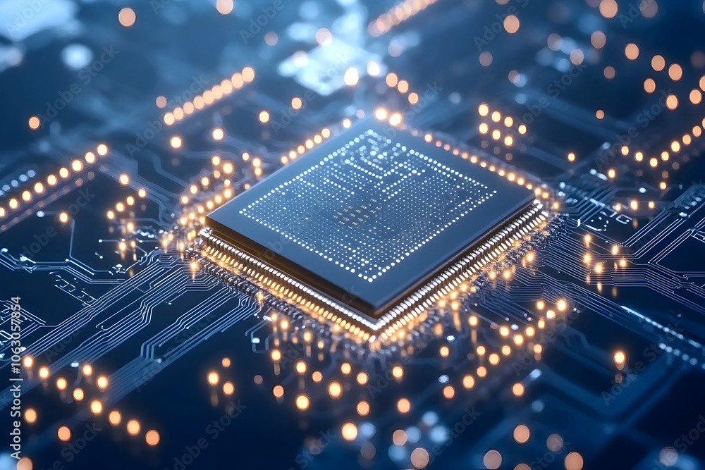 Poster futuristic computer chip intricate circuit board blue tones, high-tech detailed microprocessor