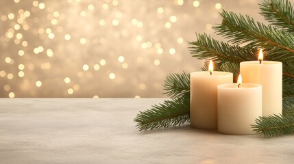 Two warmly glowing candles and a fresh pine branch on rustic wooden table, cozy festive scene