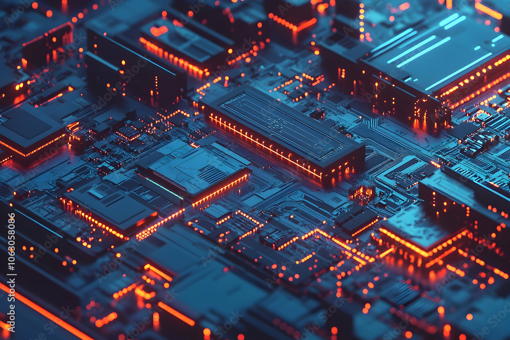 Poster futuristic computer chip intricate circuit board blue tones, high-tech detailed microprocessor