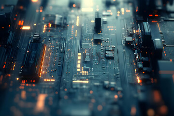 Futuristic computer chip intricate circuit board blue tones, high-tech detailed microprocessor