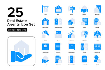 Real Estate Agents Solid Duo Tone Icon Set: Property Experts, Home Buyers, and Agent Services Icons