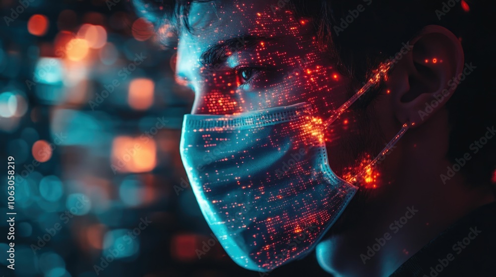 Poster digitally masked face surrounded by glowing layers of privacy and anonymity shielding personal data 